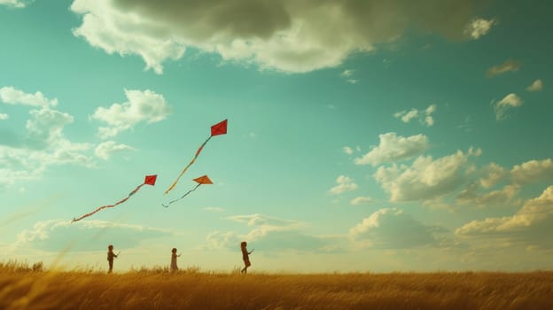 A group of people are flying kites in a grassy field under the azure sky with fluffy cumulus clouds floating in the atmosphere. AIG41