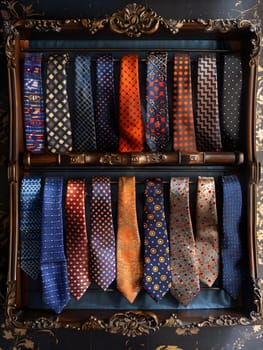 A collection of fashionable ties displayed in a rectangular wooden box, showcasing patterns and colors like electric blue, metal accents, and exquisite textile art