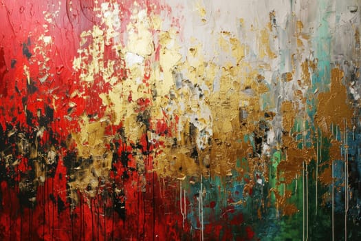 The abstract picture of the gold, red and green colour that has been painted or splashed on the white blank background wallpaper to form the random shape that cannot be describe yet beautiful. AIGX01.