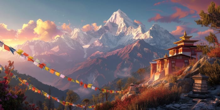 A serene temple adorned with colorful prayer flags stands against the backdrop of majestic snowy mountains illuminated by the sunrise. Resplendent.