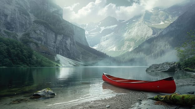 A red canoe is docked on the shore of a picturesque lake with majestic mountains towering in the background, surrounded by a serene natural landscape under a cloudy sky AIG50