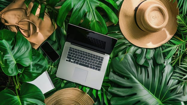 A laptop, a notebook, and oranges are placed among tropical leaves, enhancing the lively ambiance with vibrant colors of flowers and terrestrial plants AIG50