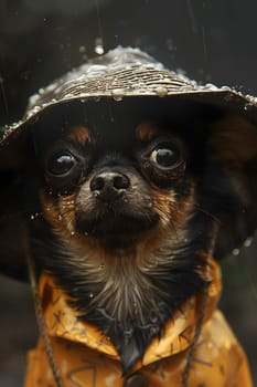 A Toy dog breed, the small dog with a fur coat and hat is seen happily playing in the rain. Dogs are carnivorous terrestrial animals known for their loyalty and companionship