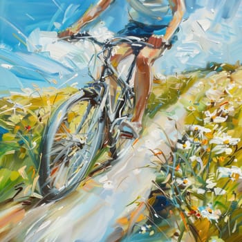 Riding a bicycle through a field of daisies, with the sun shining in the sky and fluffy clouds overhead, feeling the gentle breeze and admiring the beauty of nature AIG50