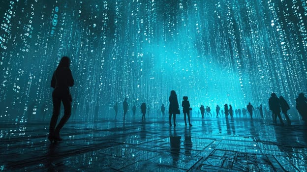 The picture of the group people that has been walking into the endless walkway that has been raining with the digital matrix green binary rain of code that seem like people search something. AIGX01.