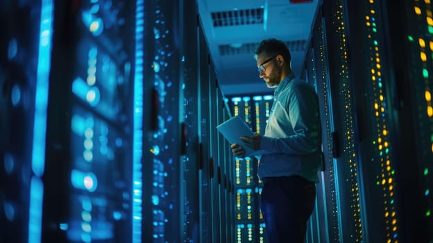 A man stands in a dark server room, gazing at a laptop, surrounded by electric blue technology, glass walls, and metallic machines. AIG41