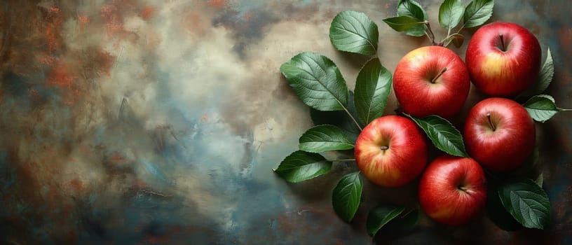 Red apples with leaves on a vintage background. Selective focus.