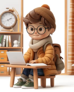 Cartoon, 3D, a boy works on a laptop at a table. Selective soft focus.