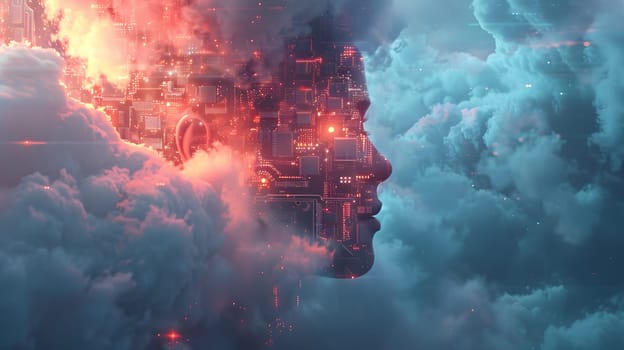 A computergenerated image of a robots head floating among cumulus clouds in the sky, surrounded by a vast expanse of atmosphere and water vapor, creating a surreal landscape in a gasfilled world