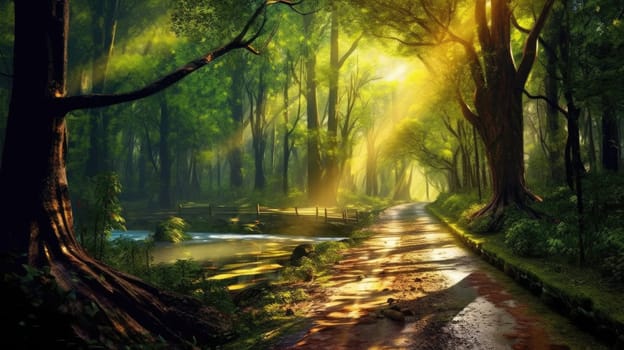 Yellow sunlight streaming through a forest path, highlighting the green foliage and peaceful atmosphere. The bright warming sunlight shine in to the forest through tree create calm atmosphere. AIG35.