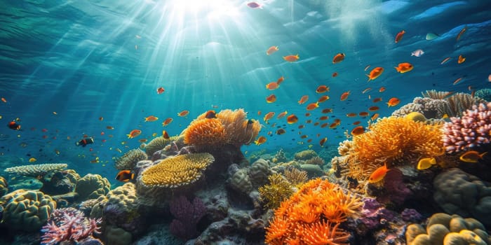 An underwater coral reef scene, diverse marine life, vivid colors, showcasing the beauty and diversity of ocean life. Underwater photography, coral reef ecosystem, diverse marine life,. Resplendent.