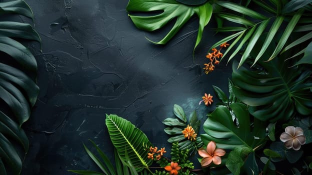 An artistic arrangement of tropical leaves and flowers on a deep blue background, showcasing the beauty of terrestrial plants and their vibrant colors AIG50