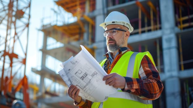 A construction worker wearing a hard hat and high-visibility clothing examines a blueprint at a building site. AIG41