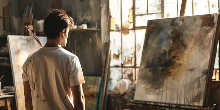 Creative artist designing and painting canvas while holding paintbrush in art lesson. Attractive young teenager working and creating artwork and sitting in front of canvas at modern art studio. AIG42.