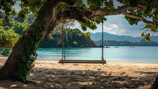 A wooden swing hangs from a tree on a beach, overlooking the water with boats sailing in the distance under a sky dotted with fluffy clouds AIG50