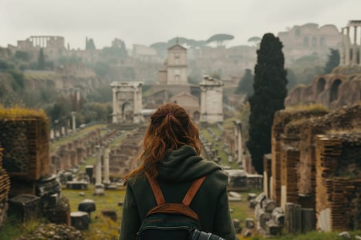 Back view of young happy woman exploring while standing at ancient site. Attractive female adventurer or traveler inspecting while wandering at ancient temple or amazing scenery with blue sky. AIG42.
