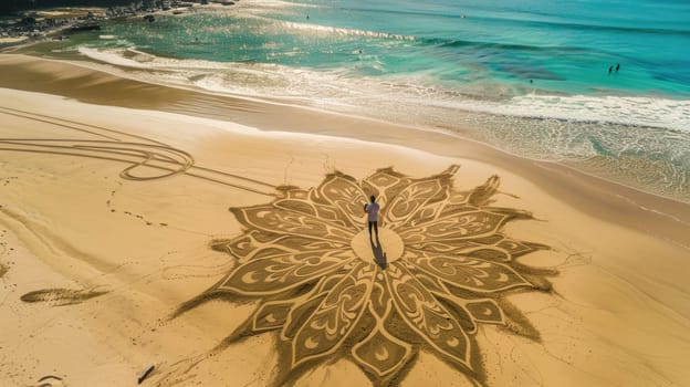 A breathtaking landscape portrayed in a stunning artwork depicting a person on a sandy beach next to the ocean, captured in exquisite detail and depth using wood as the medium AIG50