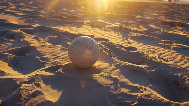 A volleyball rests atop a sandy dune overlooking the beautiful beach landscape, surrounded by aeolian landforms and hardwood flooring AIG50