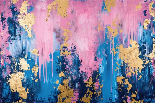 The abstract picture of the gold, pink and blue colour that has been painted or splashed on the white blank background wallpaper to form the random shape that cannot be describe yet beautiful. AIGX01.