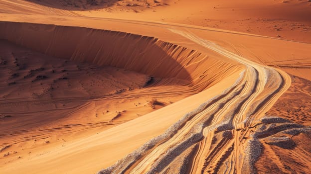 A natural landscape in the desert with tire tracks on a dirt road winding through the sand, framed by a clear blue sky and sparse plants AIG50