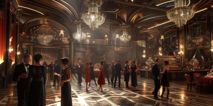 An art deco inspired ballroom from the 1920s, with elegant dancers and lavish decor. Resplendent.