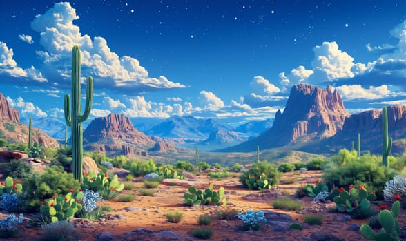 Desert Scene With Cactus and Mountains. Selective focus.