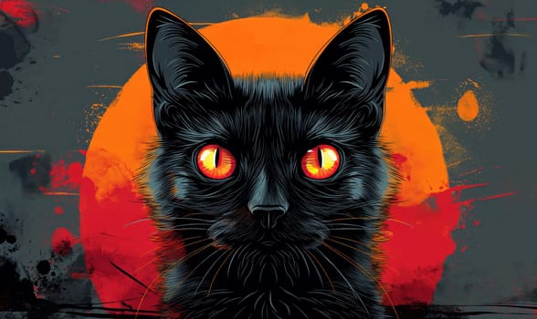 Illustration of a black cat on a colored background. Selective focus.