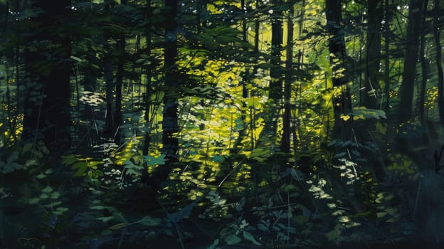 The sunlight filters through the conifer trees in the forest, painting a stunning landscape with evergreen foliage and freezing water shimmering on the grass and twigs AIG50