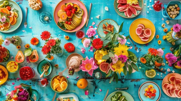 An artfully arranged table featuring a variety of dishes, garnished with fresh flowers. A beautiful display for sharing and enjoying delicious cuisine at a special event AIG50
