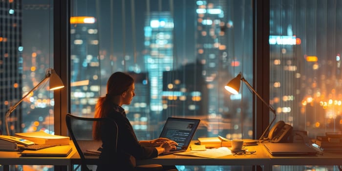 Professional business man working while using computer at night office. Skilled smart project manager looking at laptop while planning marketing strategy at modern office with skyscraper view. AIG42.
