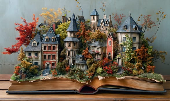 Open book displaying an intricate castle illustration. Selective focus.
