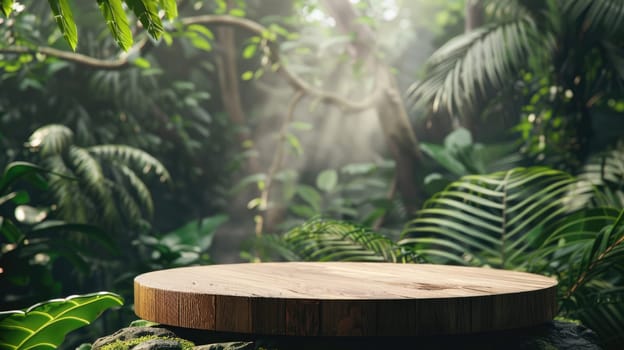 A wooden table in a lush jungle setting with bright sunlight shining through the trees. AIG51A.