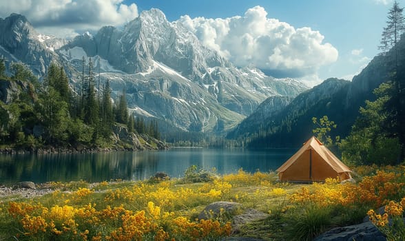 Camping tent against the backdrop of a lake and mountains. Selective focus.
