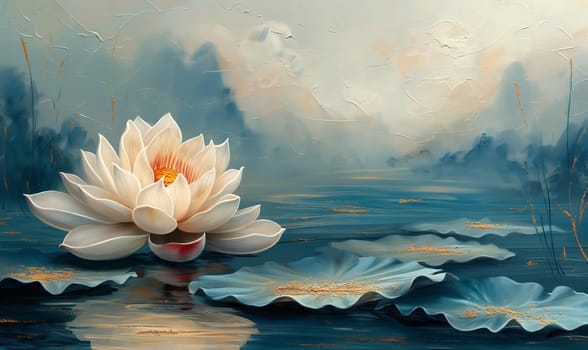Serene Lotus Bloom on Tranquil Pond at Dawn. Selective focus.