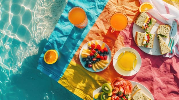 An electric blue picnic table adorned with plates of food and drinks, creating a visual art piece resembling a painted pattern drawing under a glass ceiling at a circle event AIG50