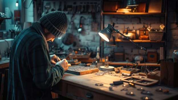 A woman is sitting at a desk in a workshop, building and working on a piece of equipment with fun and sharing in an art room. AIG41