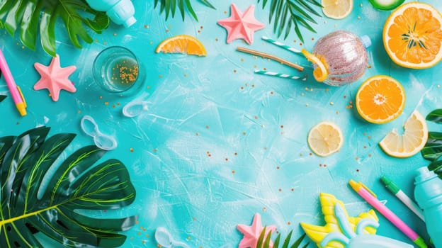 A table adorned with a diverse collection of colorful objects and decorations, featuring green plants, azure water elements, orange art pieces, and a variety of organisminspired decor items AIG50