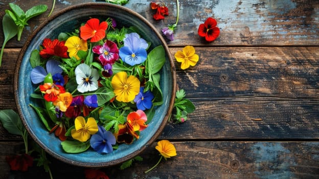 A colorful salad bowl decorated with edible flowers sits on a rustic wooden table, creating a beautiful and artistic display of natures bounty AIG50