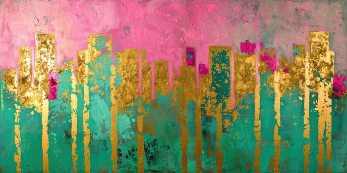 The abstract picture of the gold, pink and green colour that has been painted or splashed on the white blank background wallpaper to form random shape that cannot be describe yet beautiful. AIGX01.
