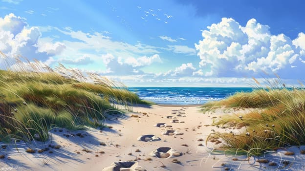 A tranquil painting of a sandy path leading to the ocean, with a cloudy sky above and the horizon blending into the natural coastal landscape AIG50