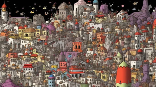 Colorful, detailed cityscape image with diverse architecture and bustling streets. An image of digital art of architectural building or cityscape in cartoon style. Design for urban concepts. AIG35.