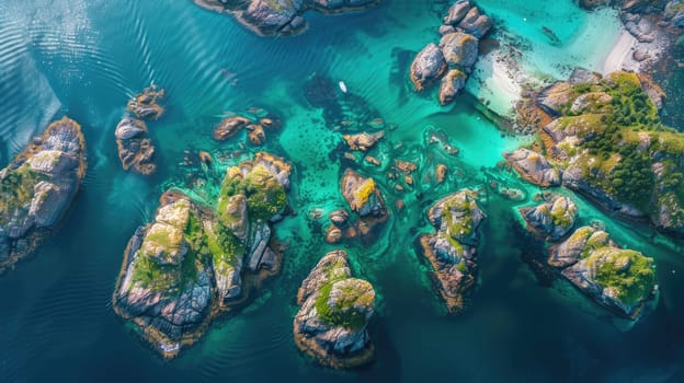 A breathtaking aerial view of a cluster of small islands surrounded by crystal clear water in the center of a serene lake, showcasing the beauty of natural landscape and marine biology AIG50