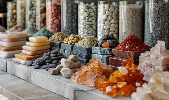 Assorted Minerals on Display at Market Stall. Selective focus.