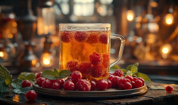Refreshing Cup of Tea With Fresh Berries and Mint. Selective focus.