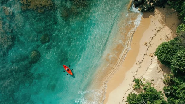 A serene aerial view of a wooden kayak floating in the clear waters near a sandy beach, with lush green trees creating a beautiful natural landscape AIG50