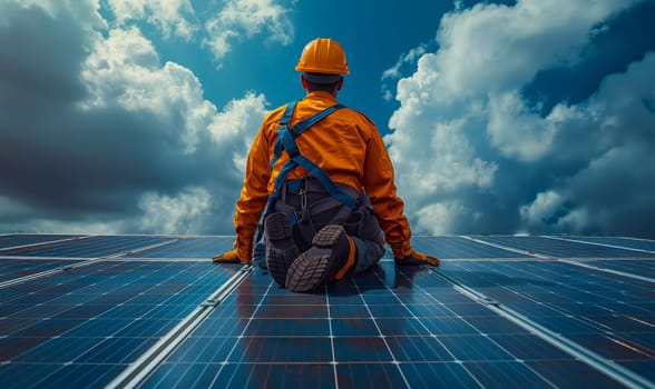 Man Sitting on Solar Panel. Selective focus.