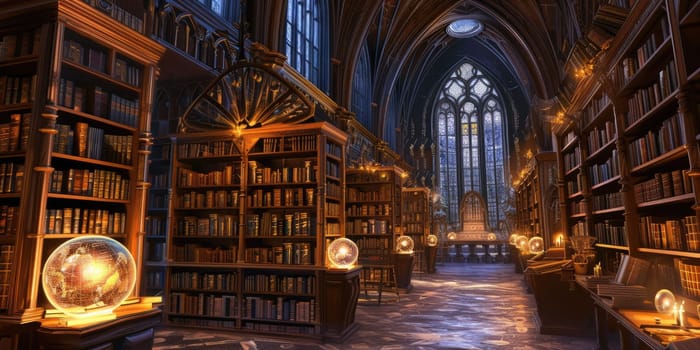 An ancient library filled with magical books, glowing orbs, and mystical artifacts. Shelves reach up to a high, vaulted ceiling, with soft light filtering through stained glass windows. Resplendent.