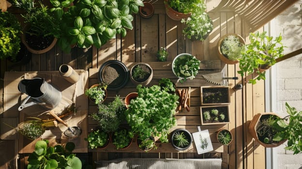 A table adorned with potted plants, gardening tools, and surrounded by lush greenery creates a tranquil and inviting atmosphere AIG50