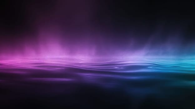 Synthwave retro futurism landscape with glowing purple and blue neon lights reflecting off the surface of a body of water. AIG51A.