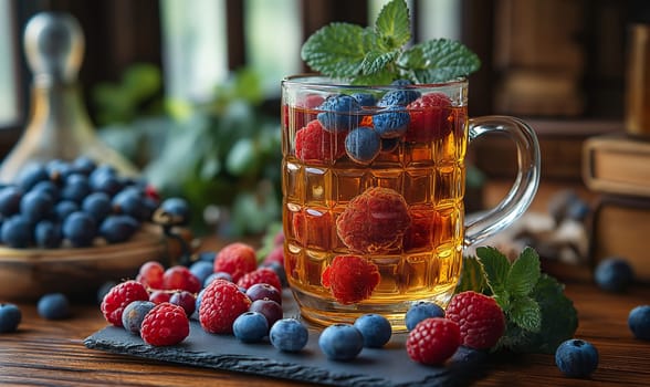 Refreshing Cup of Tea With Fresh Berries and Mint. Selective focus.